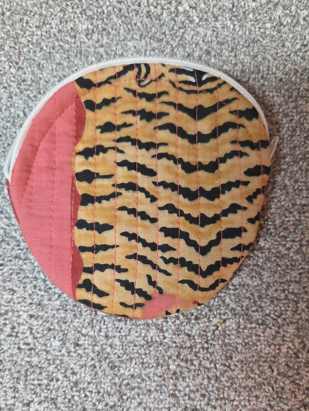Round Quilted Pouch with Tiger Stripe and Coral Accent #75
